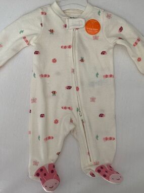 Cream Baby Footed One-Piece with Pink Bug Print